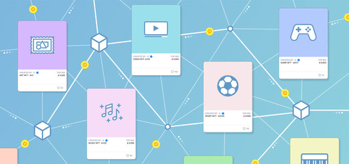 NFT cards with crypto objects of art, sports, music, video, games items on sale and blockchain in the background. Online NFT collectibles market