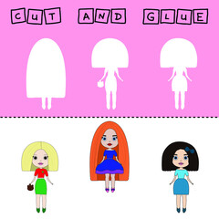 Vector illustration of  cartoon dolls lacking the desired element. paper game for the development of preschoolers. Cut out parts of the image and glue on the toy. A fun game for kids and kids
