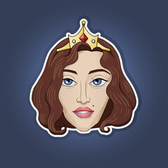 Portrait of a stylish young woman. Vector illustration. With fashionable hairstyle, makeup and accessories. The Modern Queen in the crown. Sticker. Brown-haired woman.