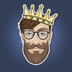 Portrait of stylish hipster men. Vector illustration. With fashionable hairstyles, beards, moustaches and crown. The Modern King. Sticker.	