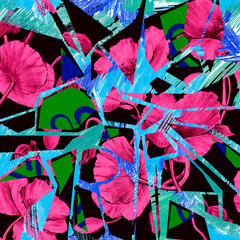 Surface floral background in kintsugi stile. Botanical flower seamless pattern. 