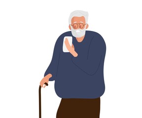 Elderly man with cane looking at her smartphone. Senior man with gray hair and beard holding mobile phone. Senior persone learning to use telephone. Video chat. Flat vector illustration.