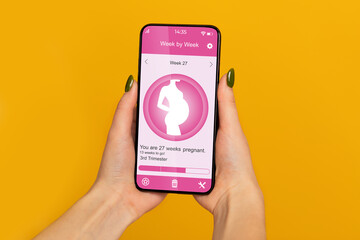 Pov of pregnant woman showing mobile application for pregnancy