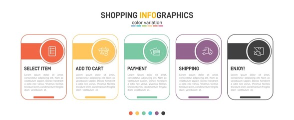 Concept of shopping process with 5 successive steps. Five colorful graphic elements. Timeline design for brochure, presentation, web site. Infographic design layout.