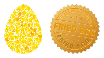 Golden mosaic of yellow spots for egg icon, and golden metallic Fried Egg stamp. Egg icon composition is composed of scattered golden parts. - 478815711