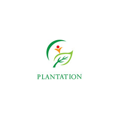 leaf symbol plantation logo and illustration vector design happy