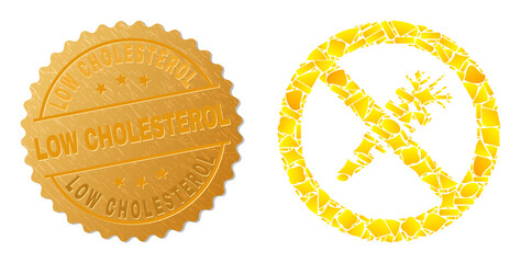 Golden composition of yellow spots for forbidden carrot icon, and golden metallic Low Cholesterol stamp seal. Forbidden carrot icon composition is organized from random gold parts.