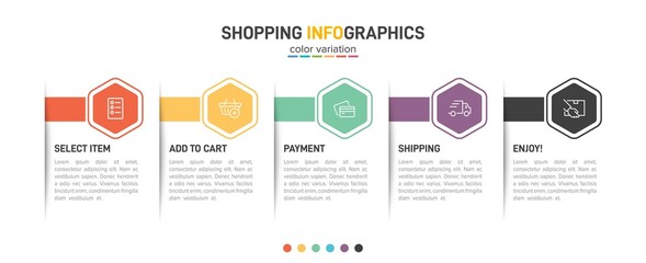 Concept of shopping process with 5 successive steps. Five colorful graphic elements. Timeline design for brochure, presentation, web site. Infographic design layout.