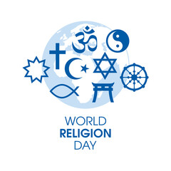 World Religion Day Poster with religious symbols vector. Religious symbols blue silhouette icon set vector isolated on a white background. World map and religions symbols vector. Important day