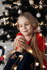 A teenage girl in a red festive T-shirt sitting with a hamster in her hands at the Christmas tree