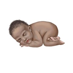 Obraz premium African American infant sleeping. Watercolor illustration of a newborn baby.