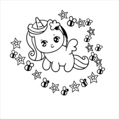 Flat unicorn princess fairy cartoon Pony Child vector 
 | kawaii vector line art  white and black  coloring page and  Fairytale Kawaii animals cute horse 