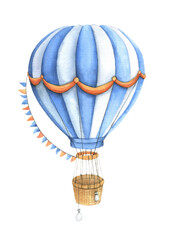 Bright aerostat isolated on white background. Vintage hot air balloon with colored flags. Watercolor hand drawn illustration. Ideal for romantic design, children's decor, postcards, invitations. © svetla27
