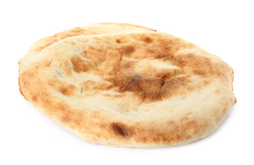 Loaves of delicious fresh pita bread on white background