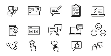 Set of Testimonials Related Vector Line Icons. Contains such Icons as Customer Relationship Management, Feedback, Review, Emotion symbols and more.