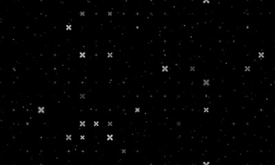 Seamless background pattern of evenly spaced white abstract star symbols of different sizes and opacity. Vector illustration on black background with stars