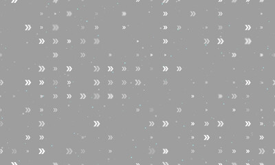 Seamless background pattern of evenly spaced white double arrow symbols of different sizes and opacity. Vector illustration on gray background with stars