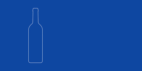 A large white outline beer bottle symbol on the left. Designed as thin white lines. Vector illustration on blue background
