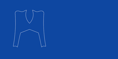 A large white outline women's jacket symbol on the left. Designed as thin white lines. Vector illustration on blue background
