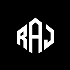 RAJ letter logo design with polygon shape. RAJ polygon and cube shape logo design. RAJ hexagon vector logo template white and black colors. RAJ monogram, business and real estate logo. - obrazy, fototapety, plakaty