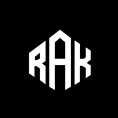 RAK letter logo design with polygon shape. RAK polygon and cube shape logo design. RAK hexagon vector logo template white and black colors. RAK monogram, business and real estate logo.