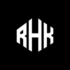 RHK letter logo design with polygon shape. RHK polygon and cube shape logo design. RHK hexagon vector logo template white and black colors. RHK monogram, business and real estate logo.