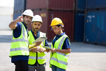 Ethnic diversity worker people, Success teamwork. Group of professional engineering people wearing hardhat safety helmet meeting and working with digital teblet.