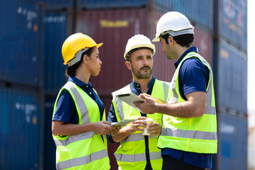 Ethnic diversity worker people, Success teamwork. Group of professional engineering people wearing hardhat safety helmet meeting and working with digital teblet.