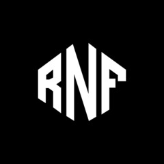 Obraz premium RNF letter logo design with polygon shape. RNF polygon and cube shape logo design. RNF hexagon vector logo template white and black colors. RNF monogram, business and real estate logo.