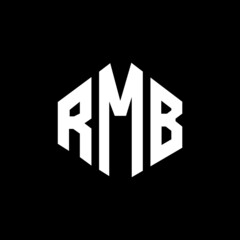 RMB letter logo design with polygon shape. RMB polygon and cube shape logo design. RMB hexagon vector logo template white and black colors. RMB monogram, business and real estate logo.