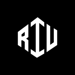 RIU letter logo design with polygon shape. RIU polygon and cube shape logo design. RIU hexagon vector logo template white and black colors. RIU monogram, business and real estate logo.