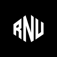 RNU letter logo design with polygon shape. RNU polygon and cube shape logo design. RNU hexagon vector logo template white and black colors. RNU monogram, business and real estate logo.