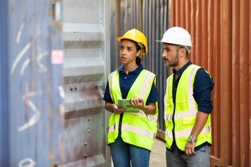 Hispanic Man worker and woman Supervisor dock cargo checking and control loading Containers box at container yard port of import and export goods. Unity and teamwork concept