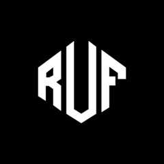 RUF letter logo design with polygon shape. RUF polygon and cube shape logo design. RUF hexagon vector logo template white and black colors. RUF monogram, business and real estate logo.