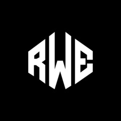 Obraz premium RWE letter logo design with polygon shape. RWE polygon and cube shape logo design. RWE hexagon vector logo template white and black colors. RWE monogram, business and real estate logo.