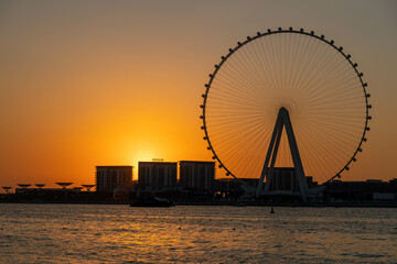 Amazing sunset colors over the sea view to the Ain Dubai, giant Ferris at artificial island Bluewaters Island  close to JBR beach. Dubai Eye fits perfect to modern UAE skyline