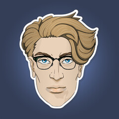The sticker. Portraits of stylish hipster men. Vector illustration. With fashionable hairstyles and glasses.