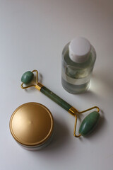 Evening make-up removal - micellar water,  jade roller and cream