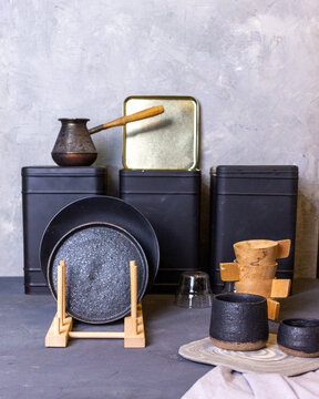 Ceramic Cookware In A Gray Kitchen