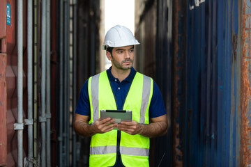 foreman manager working through a radio communication with the workers in the container yard at...