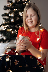 A teenage girl in a red festive T-shirt sitting with a hamster in her hands at the Christmas tree