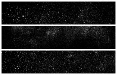 Set Of White Grainy Texture On Black. Panoramic Background. Wide Horizontal Long Banner For Site. Dust Overlay. Light Coloured Noise Granules. Snow Vector Elements. Illustration, EPS 10.
