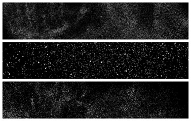 Set Of White Grainy Texture On Black. Panoramic Background. Wide Horizontal Long Banner For Site. Dust Overlay. Light Coloured Noise Granules. Snow Vector Elements. Illustration, EPS 10.