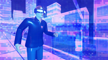 Man wear virtual reality glasses and walk in metaverse digital cyberspace , futuristic communication online concept, 3D rendering picture.