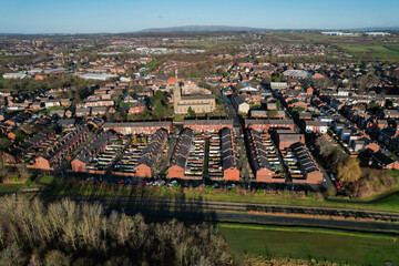 Fototapeta na wymiar Aerial Houses Residential British England Drone Above View Summer Blue Sky Estate Agent.