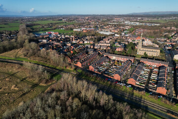 Aerial Houses Residential British England Drone Above View Summer Blue Sky Estate Agent.