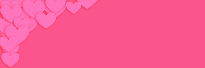 Valentines day pink background header with hearts. Wide screen wallpaper. Panoramic web banner with copy space for design