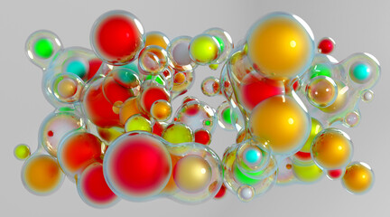 3d render of abstract art meta balls spheres or bubbles in matte metallic material in red green and yellow color with transparent liquid glass plastic substance around on grey background