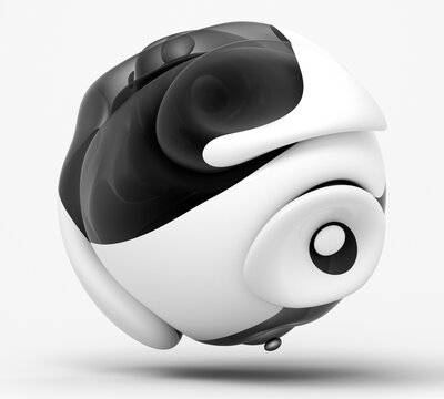 3d render with abstract black and white monochrome art with surreal ball sculpture in spherical organic curve wavy smooth and soft biological lines forms with glass black parts on white background
