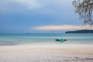 Tropical landscape with beautiful beach, blue water and blue sky. Saracen Bay Beach, Koh Rong Sanloem, Cambodia